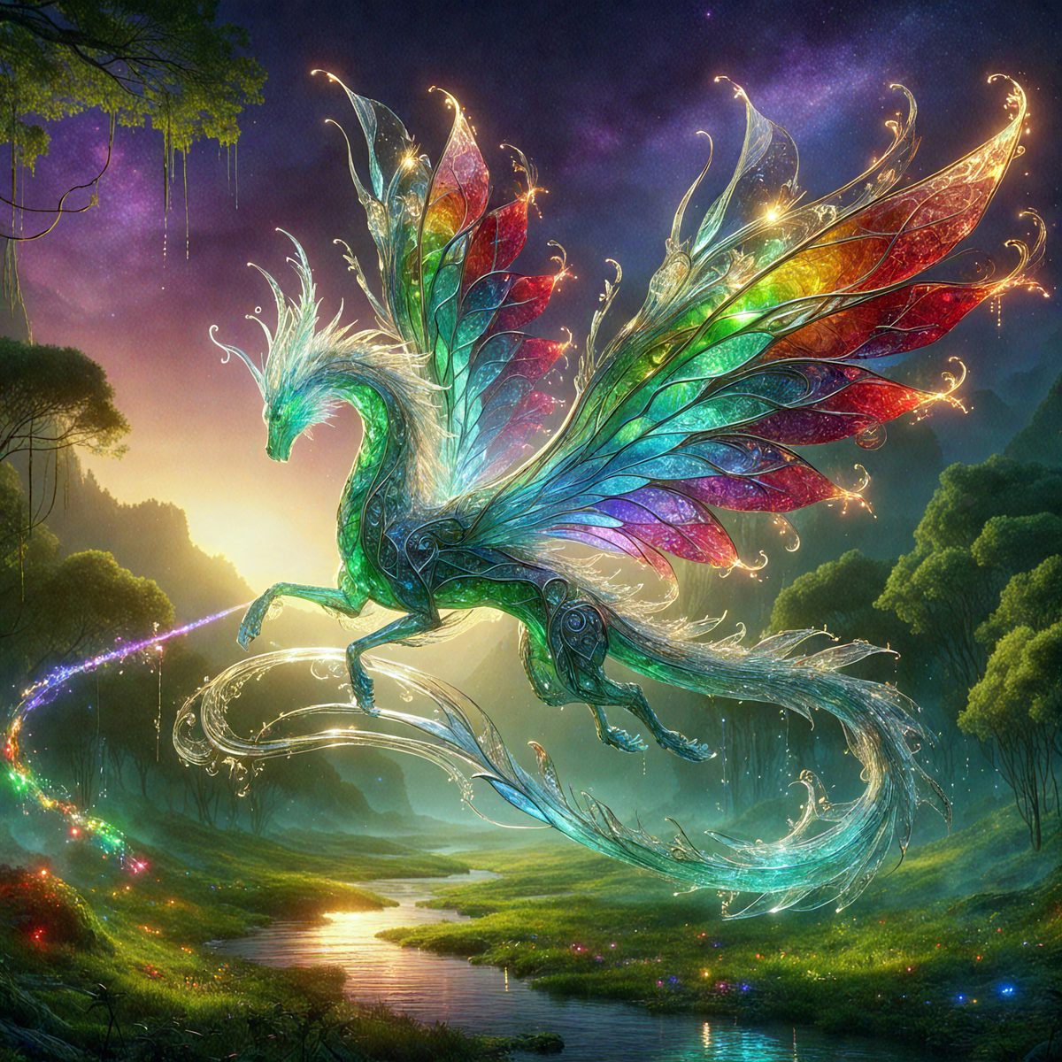 Primary subject: A colorful dragon with rainbow colors flying in the sky.

Setting/background: The dragon is flying in front of a forest, with a river and a mountain in the background.

Visual style: The image is a digital art or illustration, featuring a vibrant and lively scene.

Colors and mood: The dragon is predominantly green, with rainbow colors adding a sense of vibrancy and joy to the scene. The overall atmosphere is magical and whimsical.